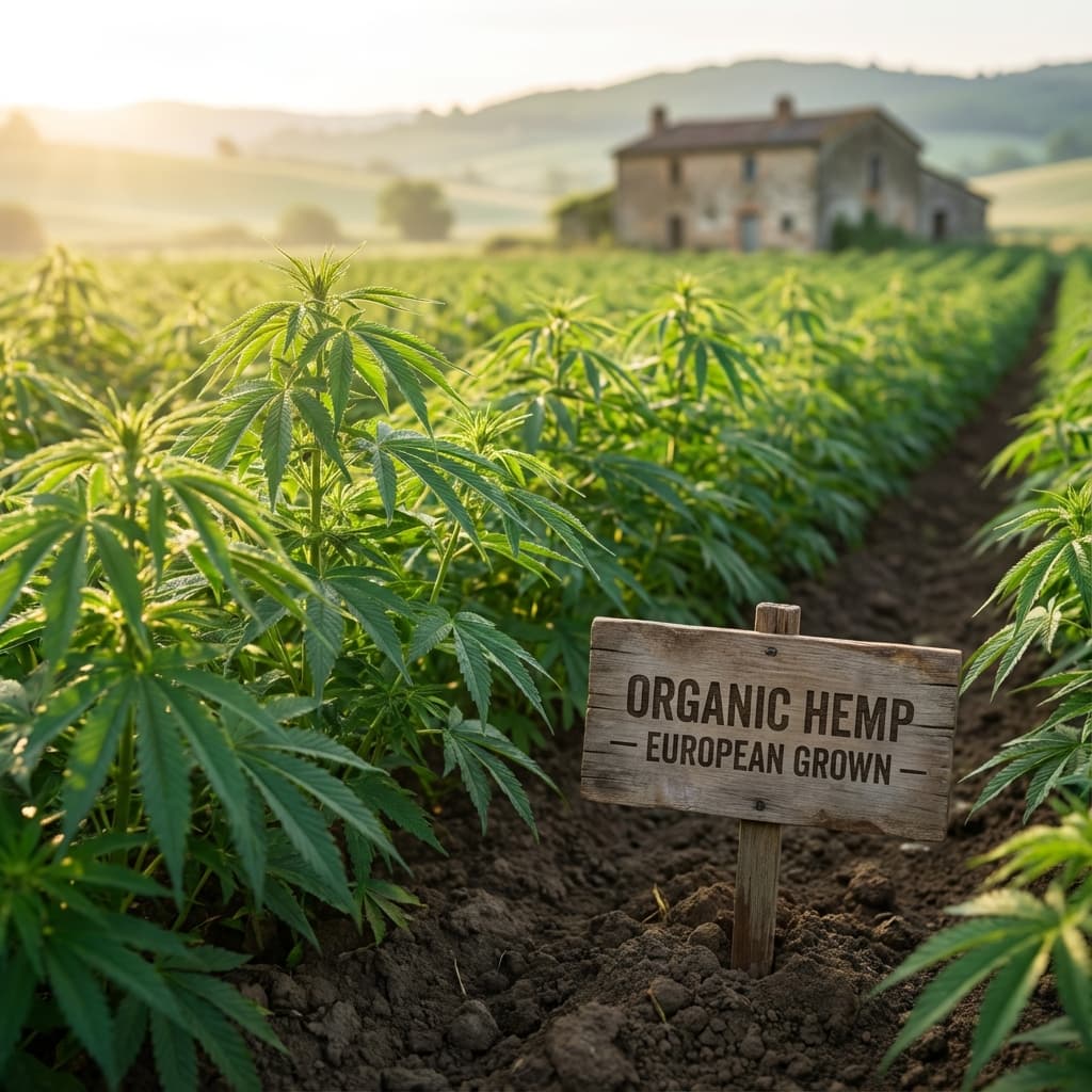 Organic hemp field in sunlight